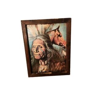 VINTAGE SIGNED NATIVE AMERICAN INDIAN & HORSE FRAMED POSTER COLORFUL GRAPHIC